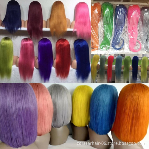 High quality virgin hair thin hd transparent lace frontal wig straight blue green pink lace front color bob wigs human hair